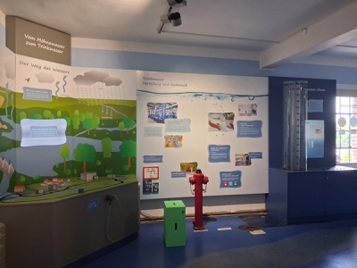 Blick auf die Ausstellungstafeln mit Erklärungen zum Wasserkreislauf.